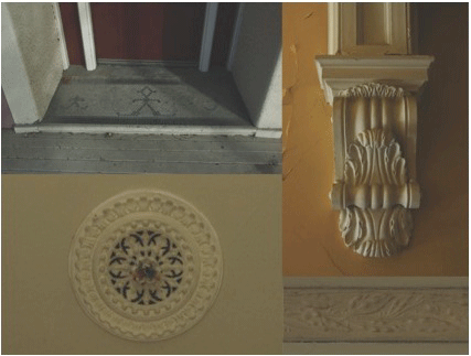 Decorative features in the house at 441 Madrass Street. Clockwise from left: the mosaic of tessellated tiles at the foot of the front door; detail of the moulded hall arch; detail of a picture rail; one of the moulded ceiling roses. Images: K. Watson.