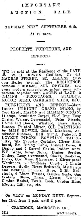 Advertisement for the sale of 441 Madras Street (Press 21/9/1912).