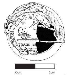 This drawing of one of the T. B. Hall & Co metal capsules shows the distinctive boar trademark used by the company. Image: J. Garland. 
