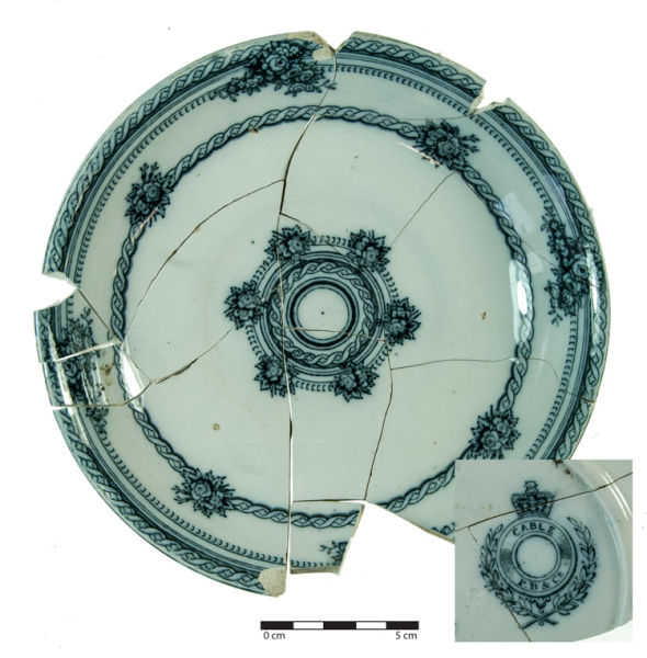 A side plate, decorated with the Cable pattern and made by Pinder Bourne & Co (1862-1882). 