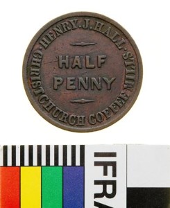 An example of a Henry J. Hall halfpenny token, identical to the one found in Christchurch. Image: Victoria Museum. 