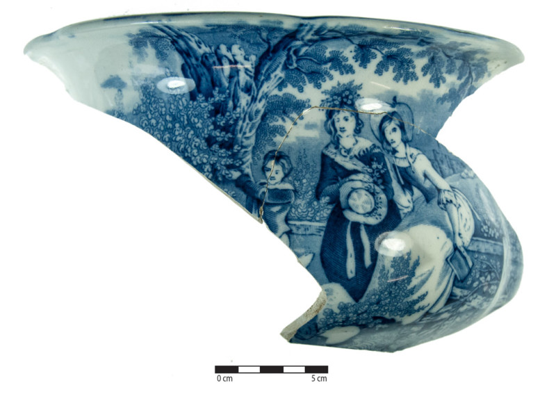 Part of a chamberpot decorated with the May Morn pattern. Image: J. Garland. 