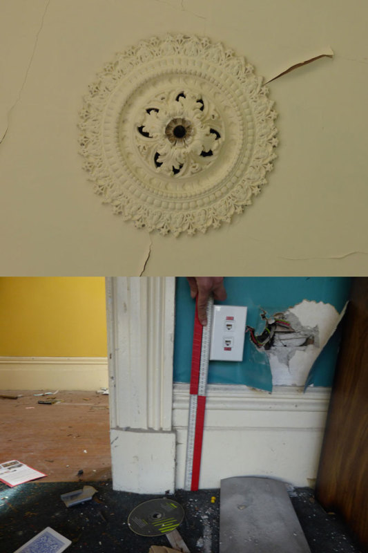  Top: the ceiling rose in the parlour. Bottom: the plinth block in the parlour. Image: L. Tremlett.