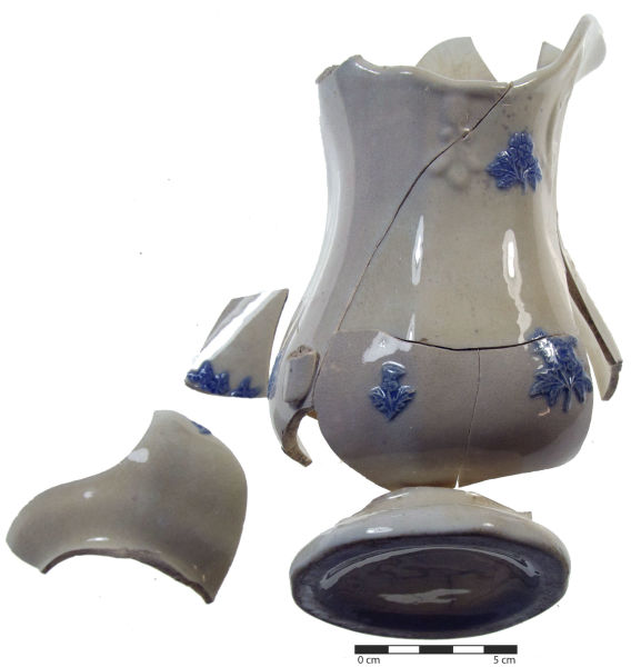 A bone china jug from Christchurch, with sprigged decoration. Bone china, particularly plain or minimally decorated examples, have been considered characteristic of the middle classes elsewhere in the world (Fitts). Unfortunately, we don't yet know how this applies to a Christchurch context. Image: C. Dickson. 