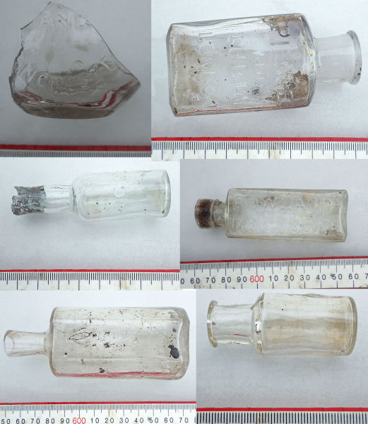 Selected glass bottles from the site, including Rowland's Macassar Oil, a Piesse and Lubin perfume bottle and part of an infant feeding bottle. Image: J. Garland.   