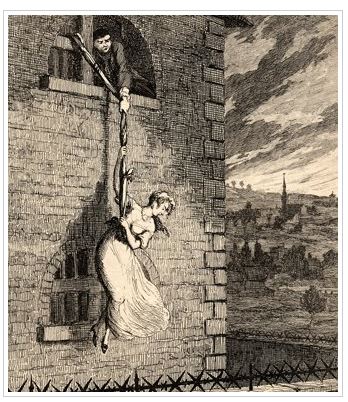 Here’s a picture of another enterprising dame escaping from a building via bedsheet rope- not the same incident, but you get the idea. 