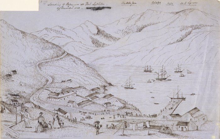 The landing of passengers from the Charlotte Jane, Randolph, Cressy, and Sir George Seymour in Lyttelton c. 1850. Plenty of open space for pranks. Image: Alexander Turnbull Library.