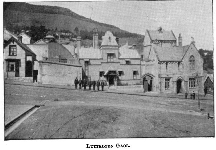 The Lyttelton Gaol, date unknown. Image: Cyclopedia Company Limited 1903. A later image of the gaol c. 1900 can be viewed here.